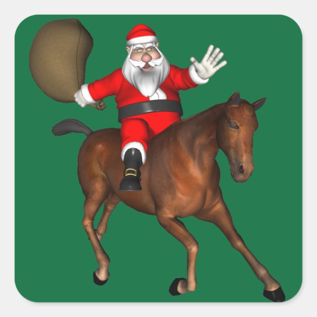 Pegatina Cuadrada Santa Claus montando un caballo marrón (Anverso)
