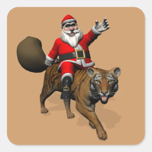 Pegatina Cuadrada Santa Claus montando un tigre