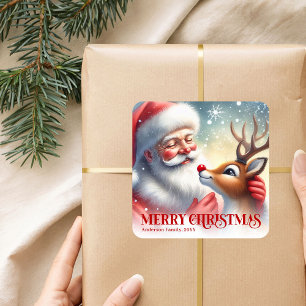 Pegatina Cuadrada Santa Claus Personalizado de Temporada Rudolph Nav
