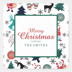 Pegatina Cuadrada Santa Claus Reindeer Pine Trees Mittens