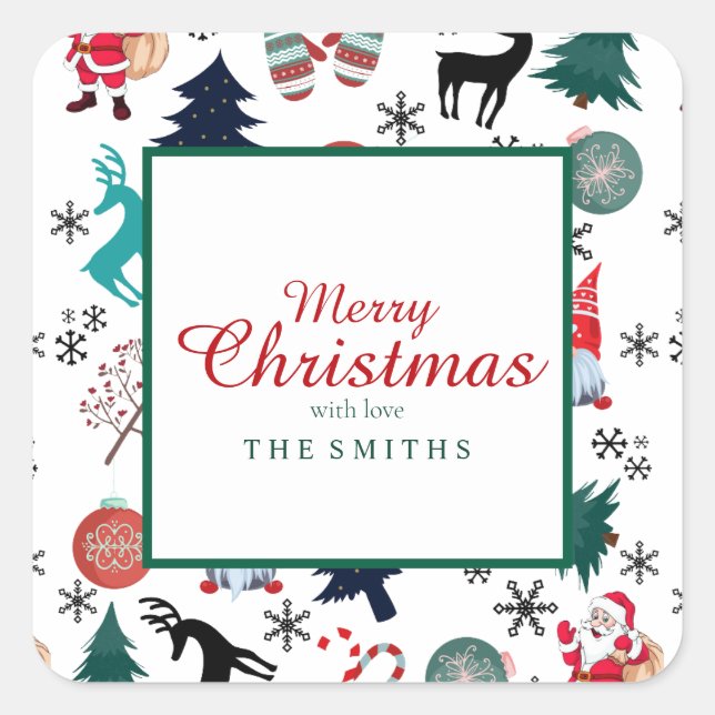 Pegatina Cuadrada Santa Claus Reindeer Pine Trees Mittens (Anverso)