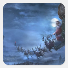 Pegatina Cuadrada Santa Claus rides reindeer sleigh