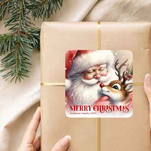Pegatina Cuadrada Santa Claus Rudolph Feliz Navidad Personalizado Ni