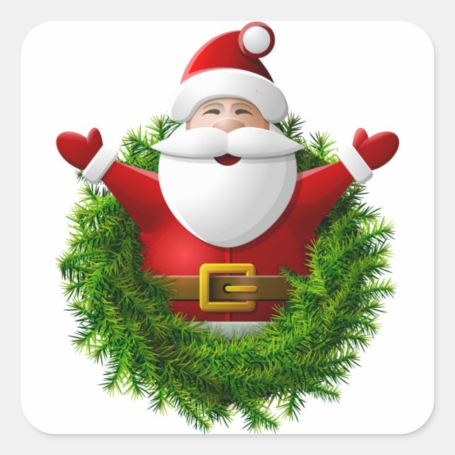 Pegatina Cuadrada Santa Claus sale de una corona de Navidades (Anverso)