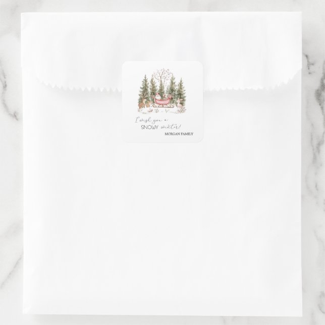 Pegatina Cuadrada Santa Claus, Sleigh, presenta Navidades forestales (Bolso)