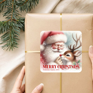 Pegatina Cuadrada Santa Claus sonriente Rudolph Personalizado Fiesta