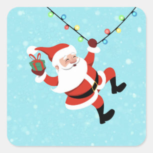 Pegatina Cuadrada Santa Claus swinging on a string of rope Chrismas