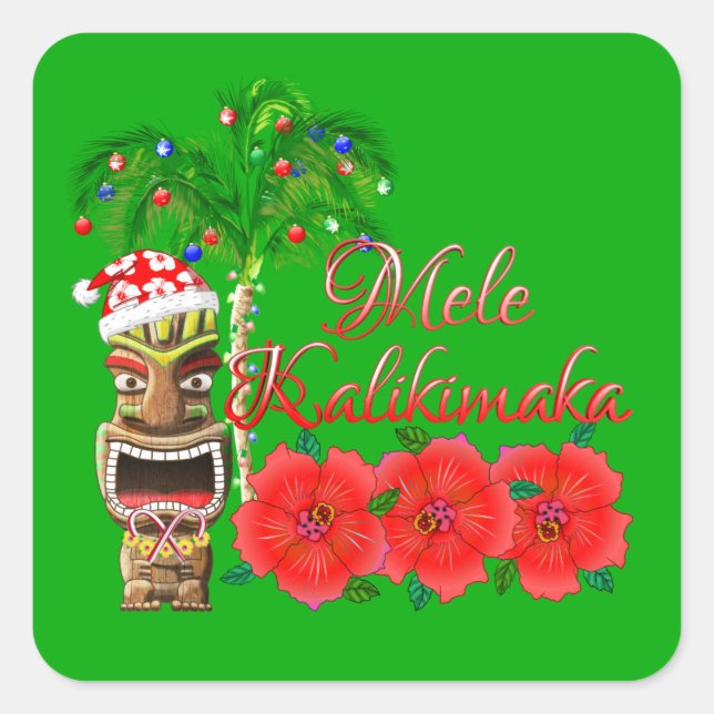 Pegatina Cuadrada Santa Claus Tiki Mele Kalikimaka (Anverso)