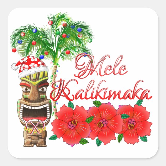 Pegatina Cuadrada Santa Claus Tiki Mele Kalikimaka (Anverso)