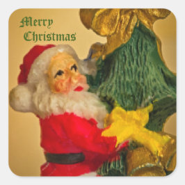 Pegatina Cuadrada Santa Claus trepando el árbol de Navidad - Vintage