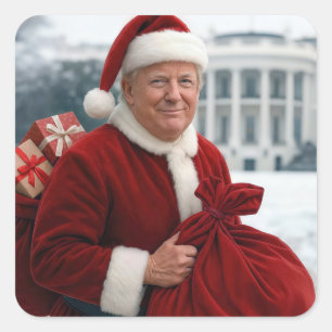 Pegatina Cuadrada Santa Claus Trump con bolsa de regalo roja