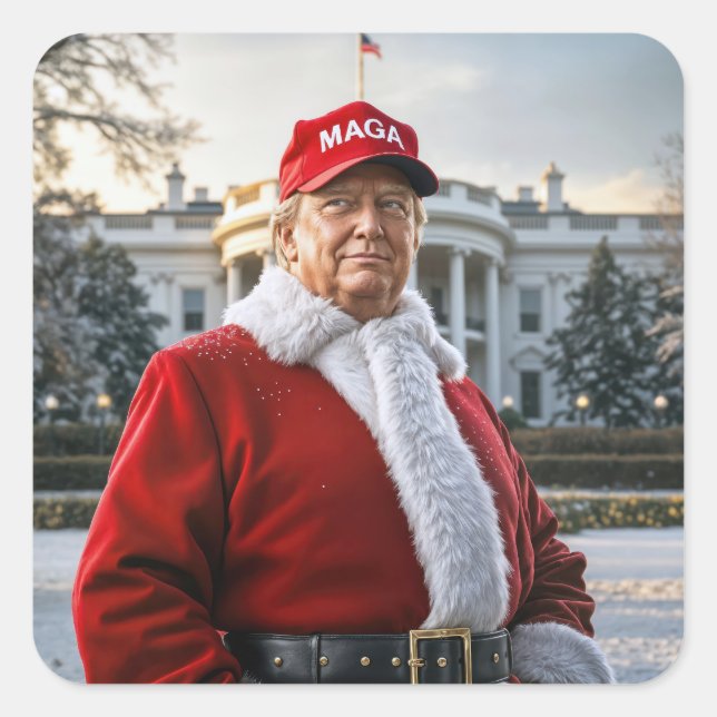 Pegatina Cuadrada Santa Claus Trump con Gorra de MAGA (Anverso)