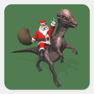 Pegatina Cuadrada Santa Claus Viajando En Pachyosaurus