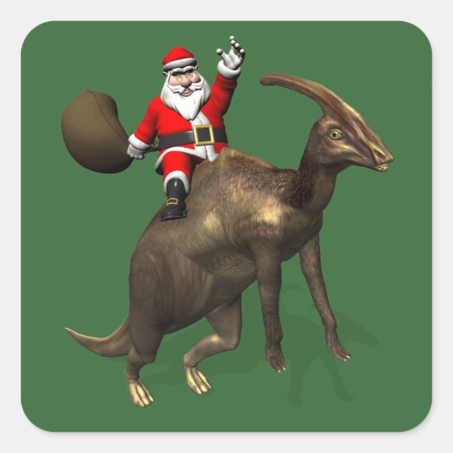 Pegatina Cuadrada Santa Claus Viajando En Parasaurolophus (Anverso)