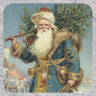 Pegatina Cuadrada Santa Claus Victoriano Antiguo con árbol de Navida