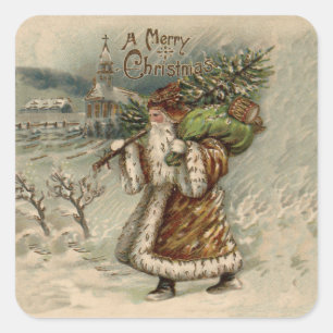 Pegatina Cuadrada Santa Claus Victoriano con árbol de Navidad