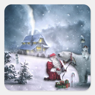 Pegatina Cuadrada Santa Claus y el oso polar