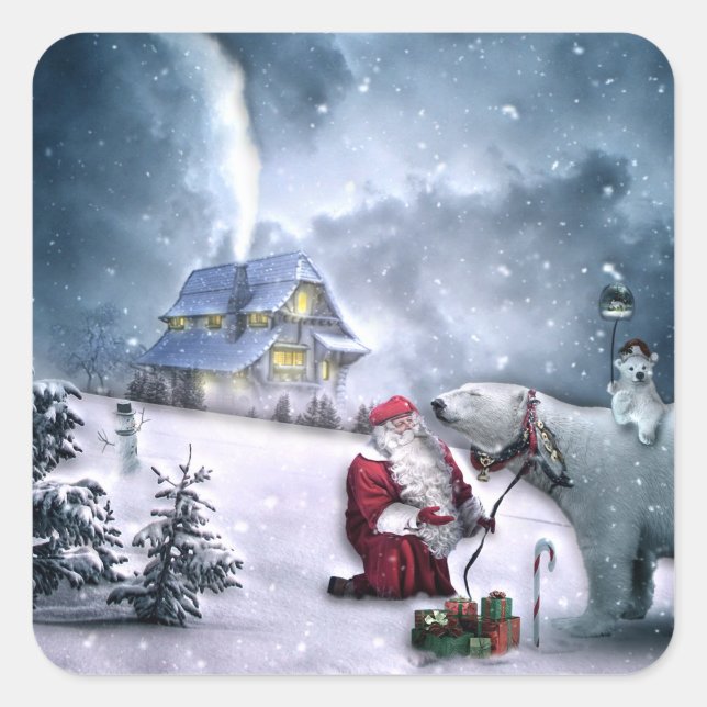 Pegatina Cuadrada Santa Claus y el oso polar (Anverso)