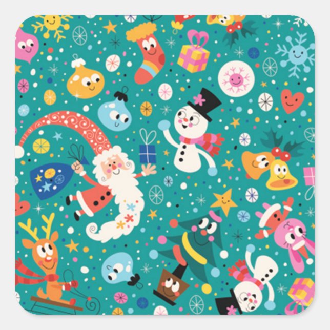 Pegatina Cuadrada Santa Claus y Merry FriendsPattern (Anverso)