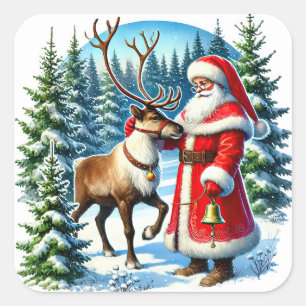Pegatina Cuadrada Santa Claus y reno en un bosque nevado