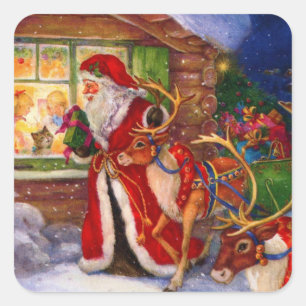 Pegatina Cuadrada Santa claus y rudolph