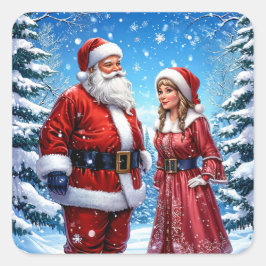 Pegatina Cuadrada Santa Claus y Sra. Claus festivos