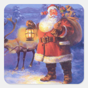 Pegatina Cuadrada Santa Claus y sus renos