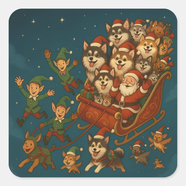 Pegatina Cuadrada ¡Santa con cachorros y elfos alegres! (Anverso)