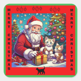Pegatina Cuadrada Santa Dando Regalos A Dos Gatitos Jóvenes