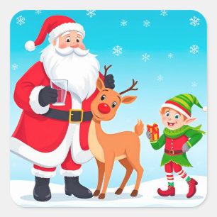 Pegatina Cuadrada Santa, Duende y Reno en una Navidad Festiva