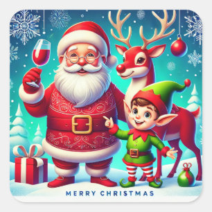 Pegatina Cuadrada Santa, Duende y Reno en una Navidad Festiva