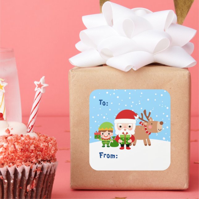 Pegatina Cuadrada Santa, el elfo y los renos hacia y desde (Fiesta)