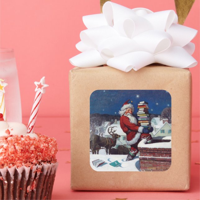 Pegatina Cuadrada Santa entregando carga de libros de Wyeth (Fiesta)