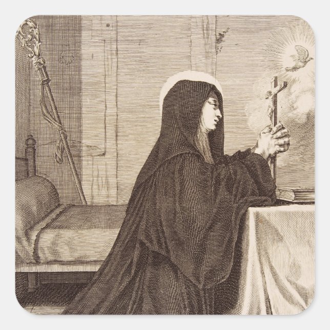 Pegatina Cuadrada Santa Escolástica Patrona de la escuela (Anverso)