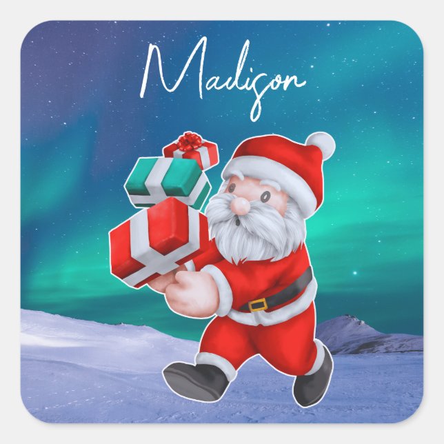Pegatina Cuadrada Santa está de camino a los Navidades de las aurora (Anverso)