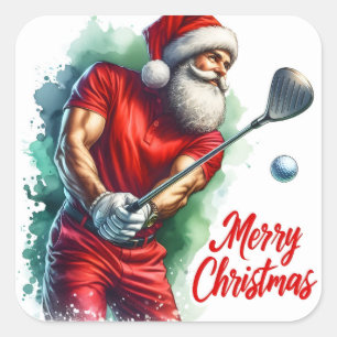 Pegatina Cuadrada Santa Golfing en un equipo festivo