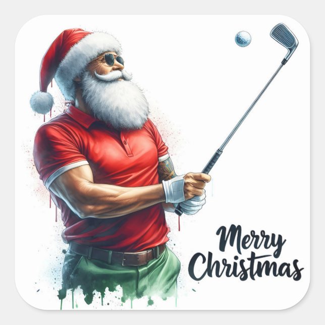 Pegatina Cuadrada Santa Golfing en Winter Gear (Anverso)