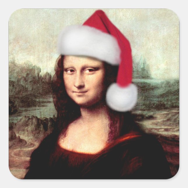 Pegatina Cuadrada Santa Hat, Navidades de Mona Lisa (Anverso)