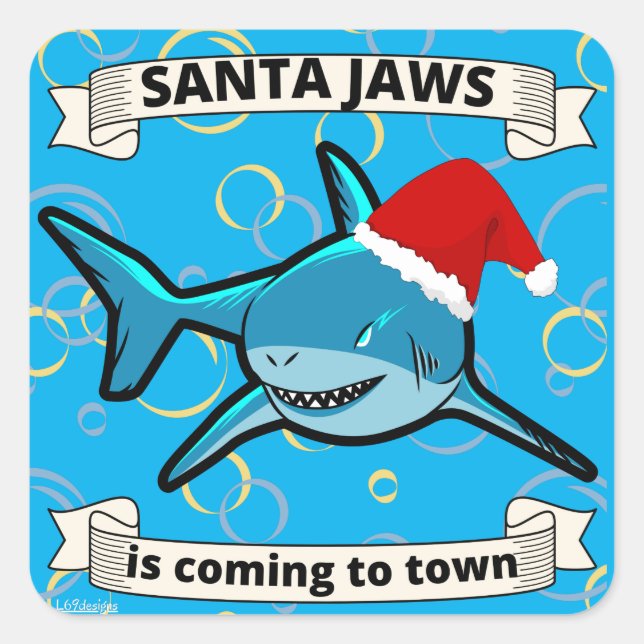 Pegatina Cuadrada SANTA JAWS VIENE A LA CIUDAD DE divertidos tiburon (Anverso)