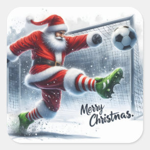 Pegatina Cuadrada Santa juega al fútbol en Winter Wonderland