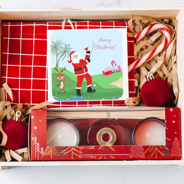 Pegatina Cuadrada Santa Jugando Fuera Del Agua Con Martini Fiesta (Decorate cards, gifts, and more with our whimsical 'Merry Christmas' sticker!)