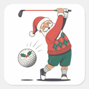 Pegatina Cuadrada Santa jugando golf jugador de golf de Navidad