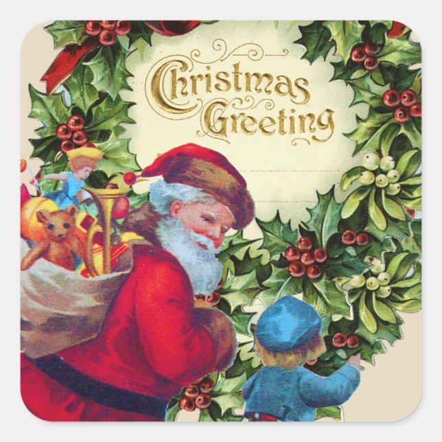 PEGATINA CUADRADA SANTA, NIÑO, NAVIDADES CORONES, HOLLYBERRY, MISTLE (Anverso)