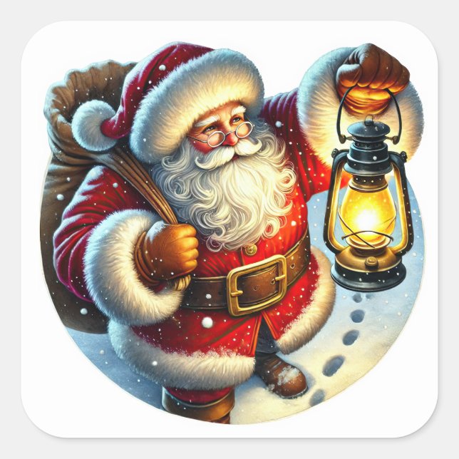 Pegatina Cuadrada Santa paseando por la nieve de noche (Anverso)