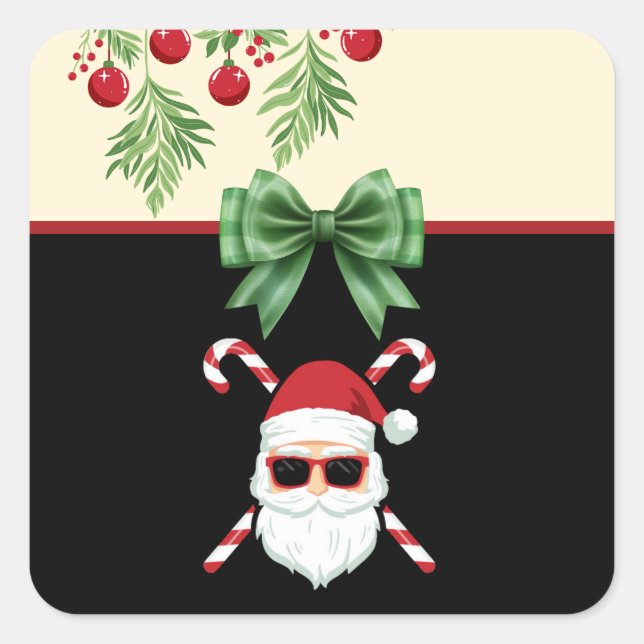 Pegatina Cuadrada Santa personalizado con bastones de cruz Navidad F (Anverso)
