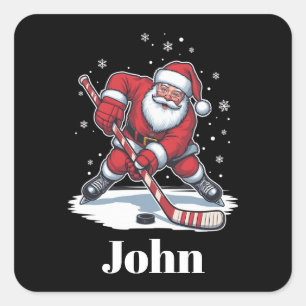 Pegatina Cuadrada Santa Personalizado Hockey sobre Hielo Navidad Dep