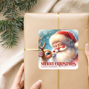 Pegatina Cuadrada Santa Personalizado Radiante y Reno Navideño