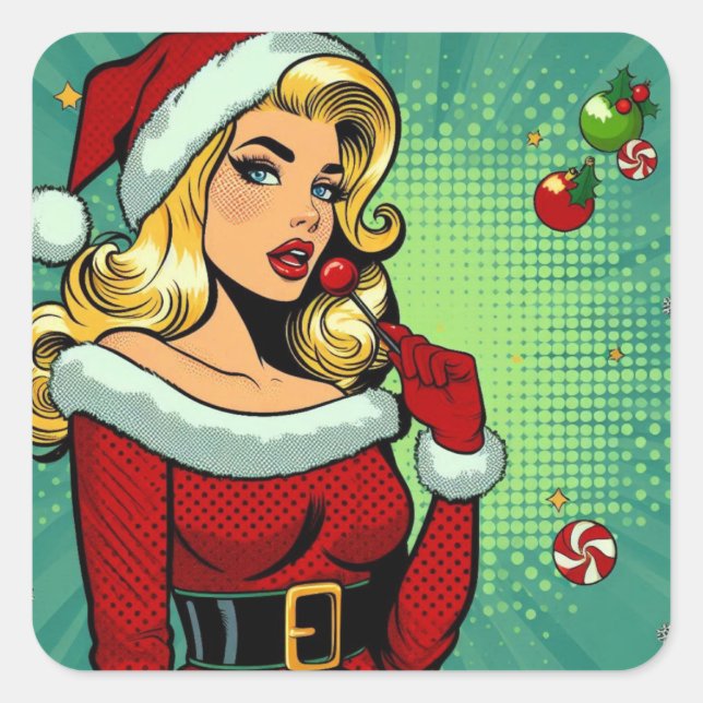 Pegatina Cuadrada Santa Pinup: Pop Art Glam (Anverso)