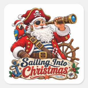 Pegatina Cuadrada Santa Pirata Navegando en Navidad