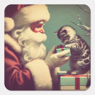 Pegatina Cuadrada Santa Retro con Ilustracion gatito